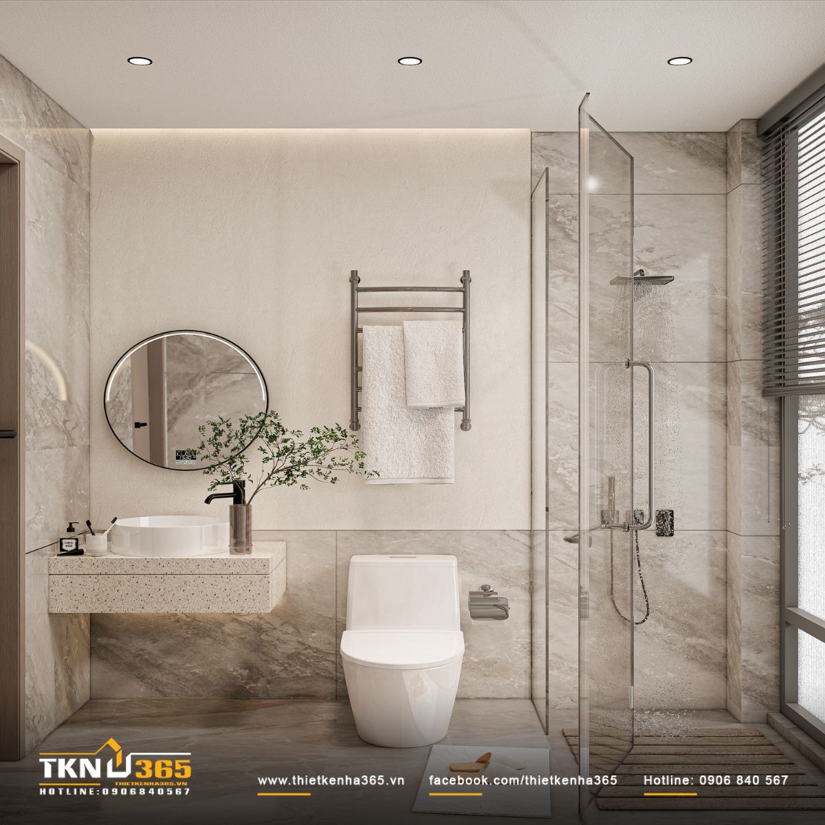 Tường và sàn ốp gạch giả đá khổ lớn kết hợp bàn lavabo terrazzo treo tường, giúp không gian sang trọng và dễ vệ sinh