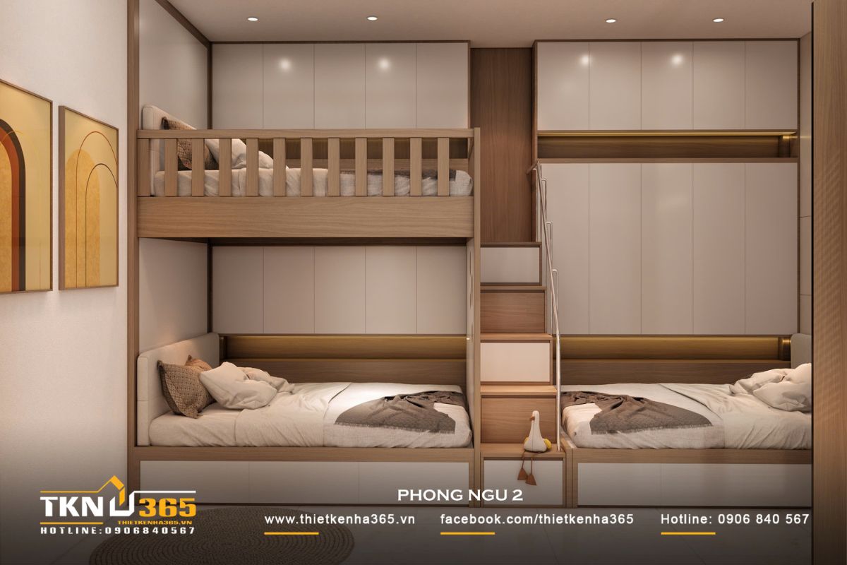Giường tầng kết hợp tủ âm tường cao kịch trần giúp tối ưu diện tích cho không gian nhỏ