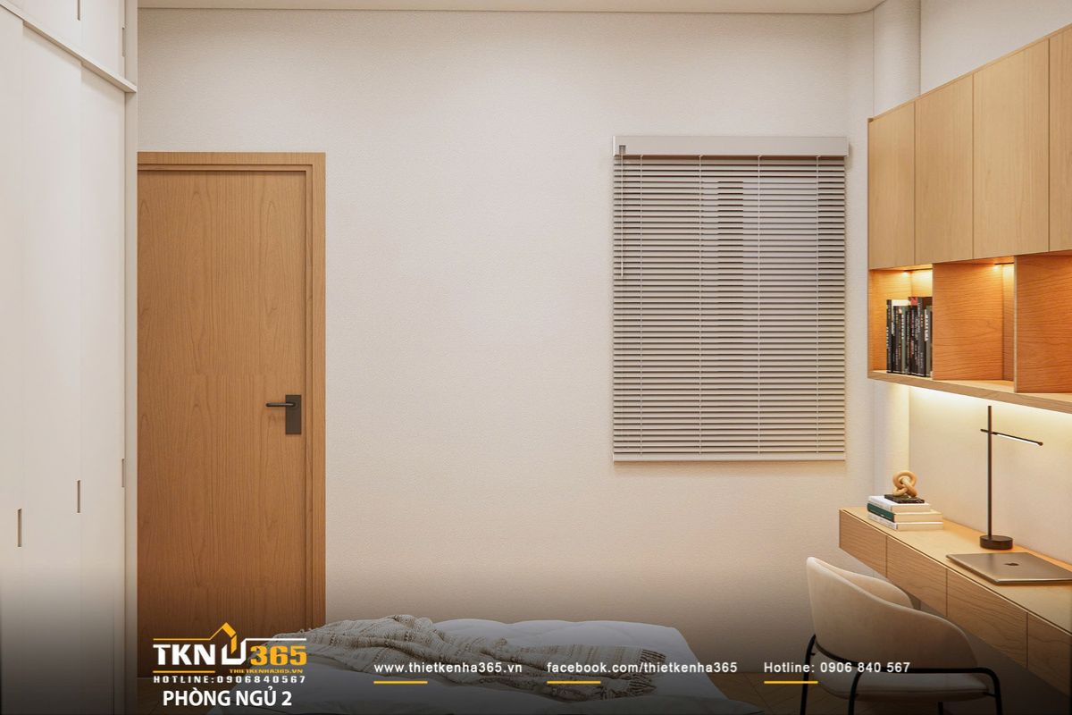 Cửa sổ kết hợp rèm lá ngang giúp phòng ngủ đón sáng tự nhiên mà vẫn riêng tư