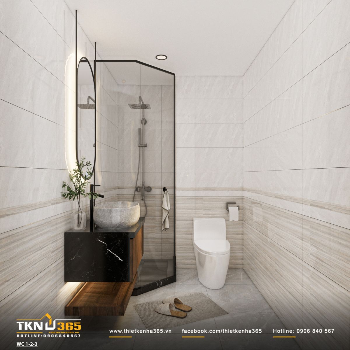 Khu tắm đứng ngăn kính khung đen hiện đại, gạch giả đá mang lại cảm giác thoáng và sạch sẽ