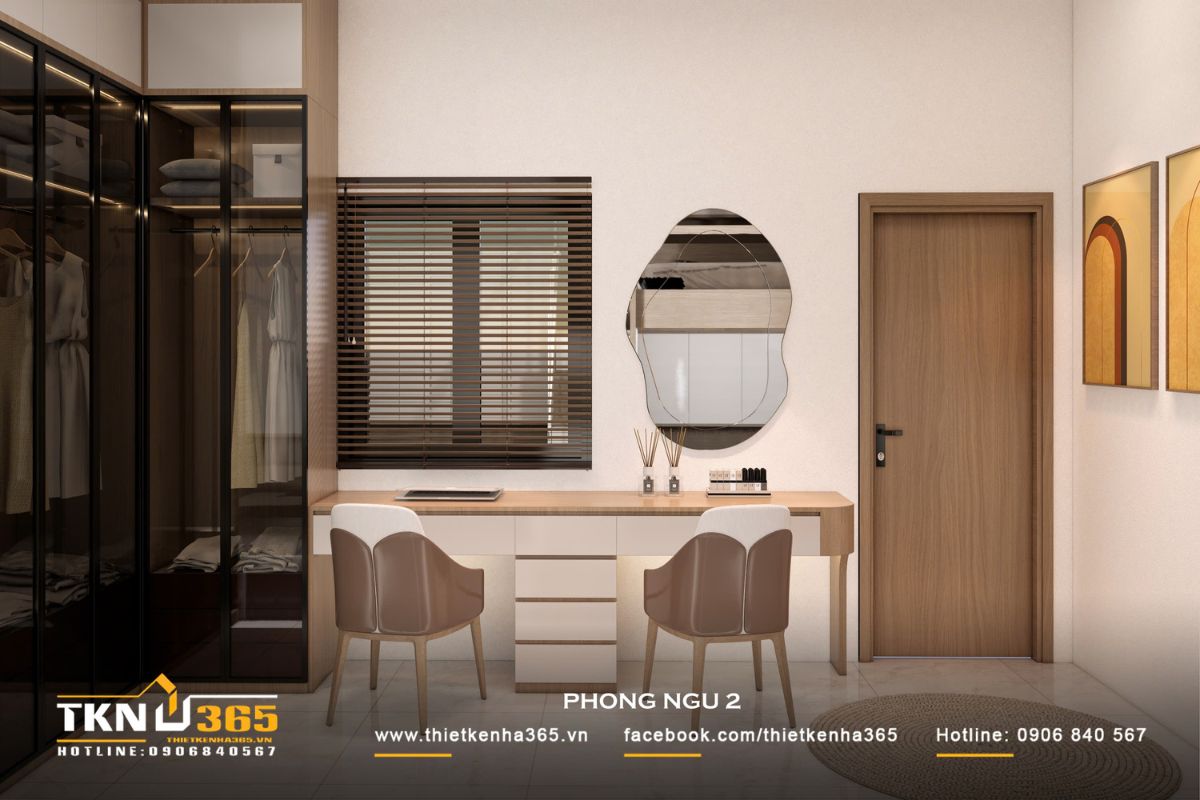 Tủ quần áo bằng kính mờ và bàn học đôi bố trí gọn gàng, ánh sáng tự nhiên giúp phòng ngủ luôn sáng thoáng