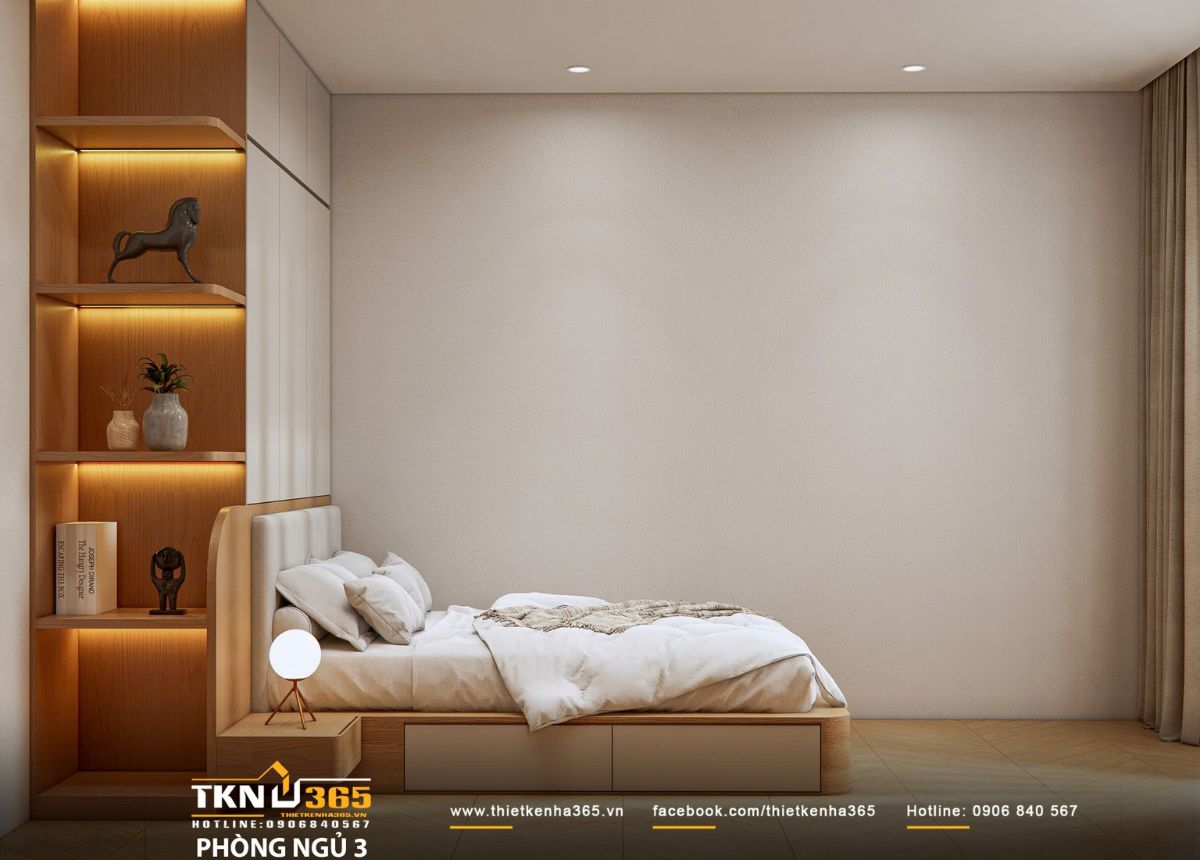 Phòng ngủ thứ ba bố trí giường bệt có hộc kéo, tiện cho việc cất chăn gối theo mùa