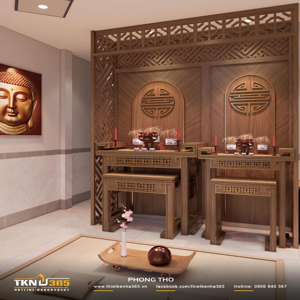 Phòng thờ ốp gỗ tự nhiên, chi tiết hoa văn truyền thống tạo cảm giác trang nghiêm và ấm cúng