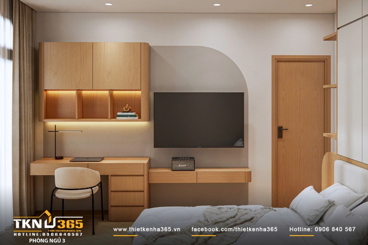 Bàn học - làm việc kết hợp kệ treo gỗ sáng, mang lại cảm giác ấm áp và hiện đại