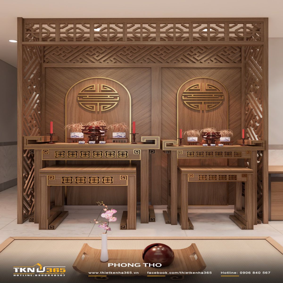 Ánh sáng âm trần dịu nhẹ kết hợp họa tiết gỗ chạm khắc tinh tế, tôn lên vẻ trang trọng của không gian thờ cúng