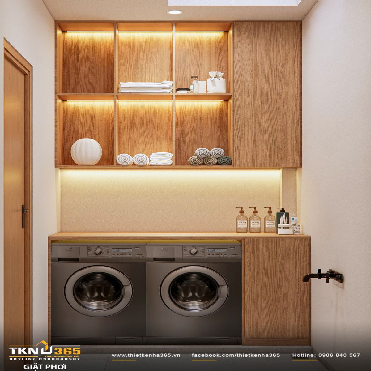 Khu vực giặt phơi bố trí máy giặt và máy sấy song song dưới hệ tủ gỗ tiện dụng