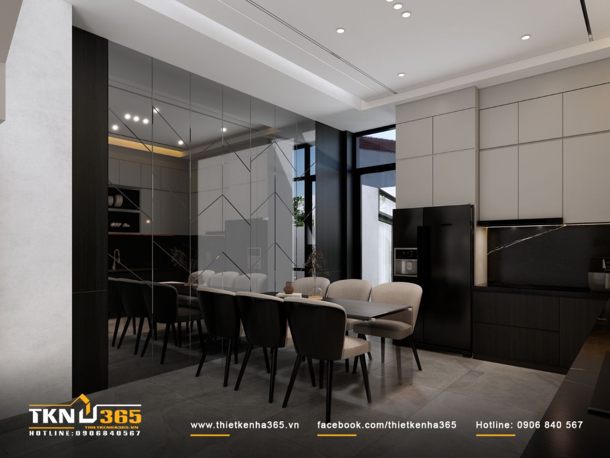 Bộ bàn ăn tông màu be - đen cân bằng sự mềm mại và đường nét mạnh mẽ của các chất liệu xung quanh