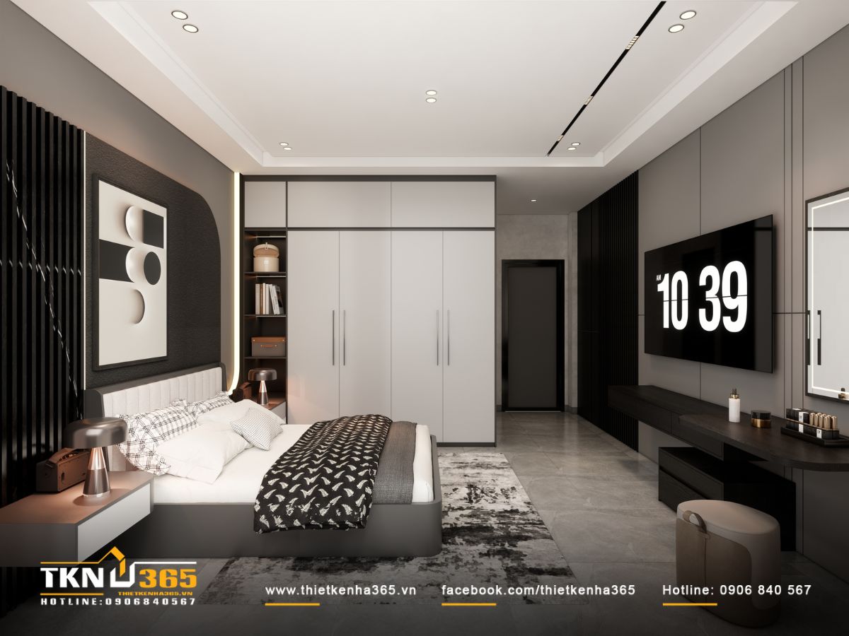 Tủ quần áo âm tường cao kịch trần giúp phòng ngủ gọn gàng, các hộc mở bên cạnh tạo điểm dừng thị giác nhẹ nhàng