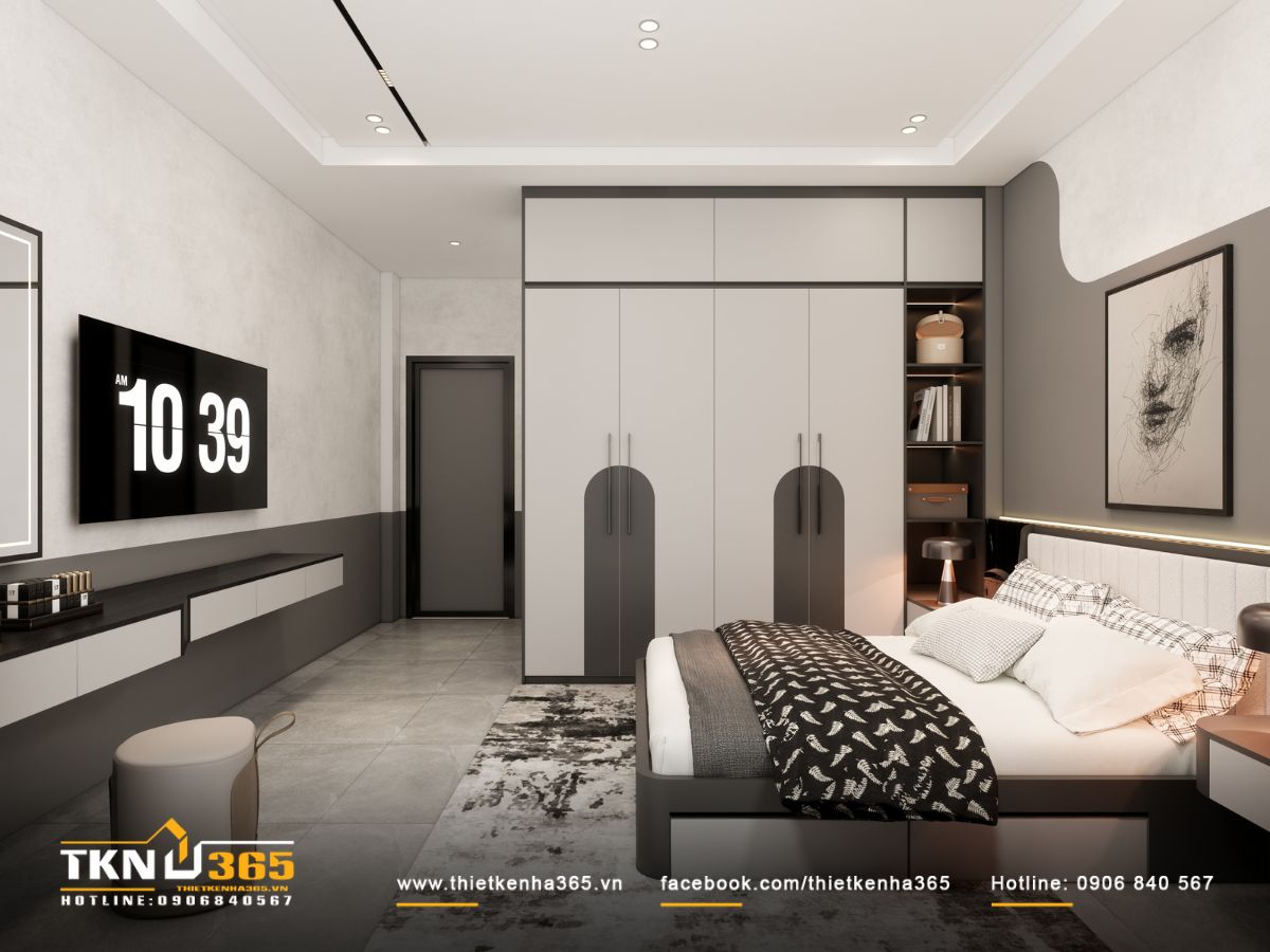 Góc nhìn tổng thể cho thấy bố cục thống nhất với giường thấp, tủ quần áo, tủ đầu giường và kệ tivi sắp xếp cân đối