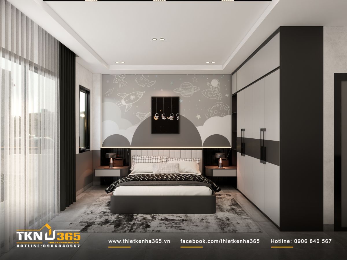 Phòng ngủ dành cho trẻ trang trí bức tường đầu giường họa tiết chủ đề không gian tạo cảm giác vui tươi