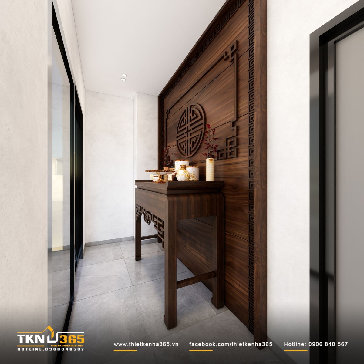 Ánh sáng âm trần nhẹ nhàng, làm nổi bật không gian thờ mộc mạc và tĩnh tại