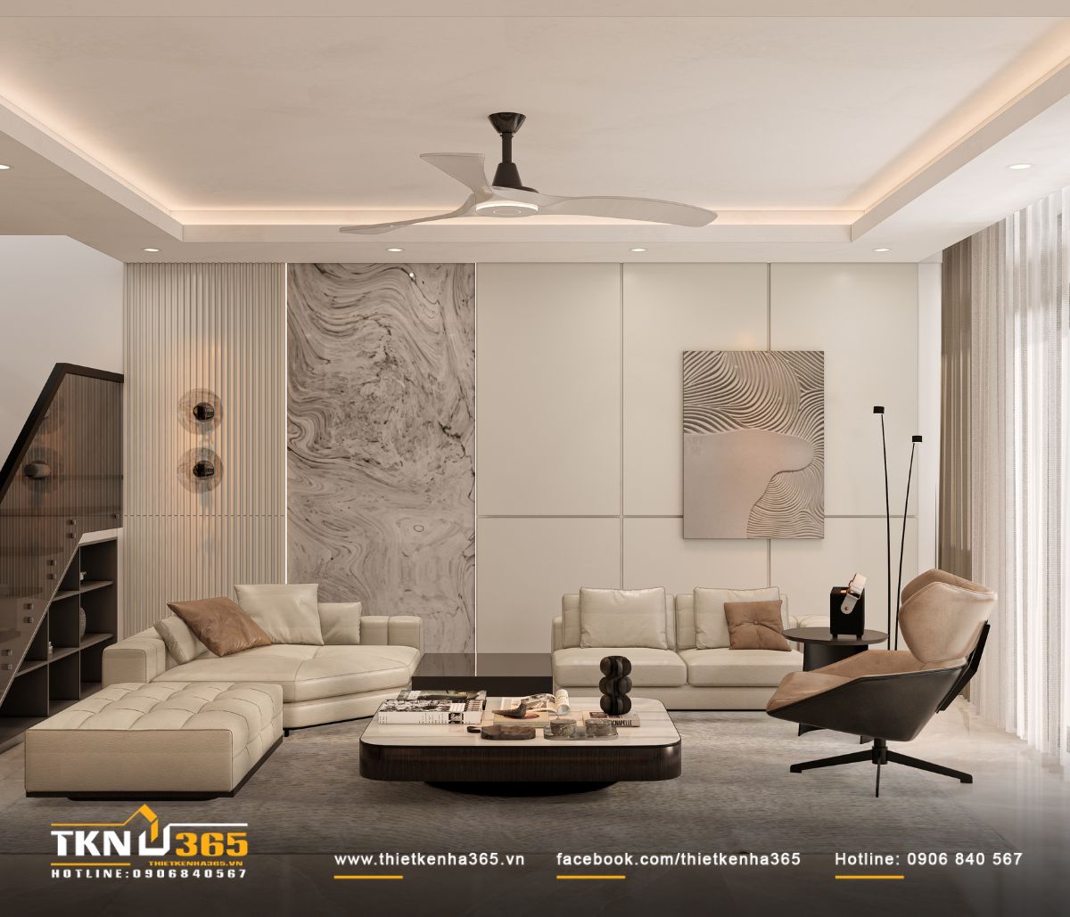 Vách lam đứng kết hợp đá marble cao kịch trần tạo chiều sâu và liên kết mạch vật liệu với khu vực cầu thang