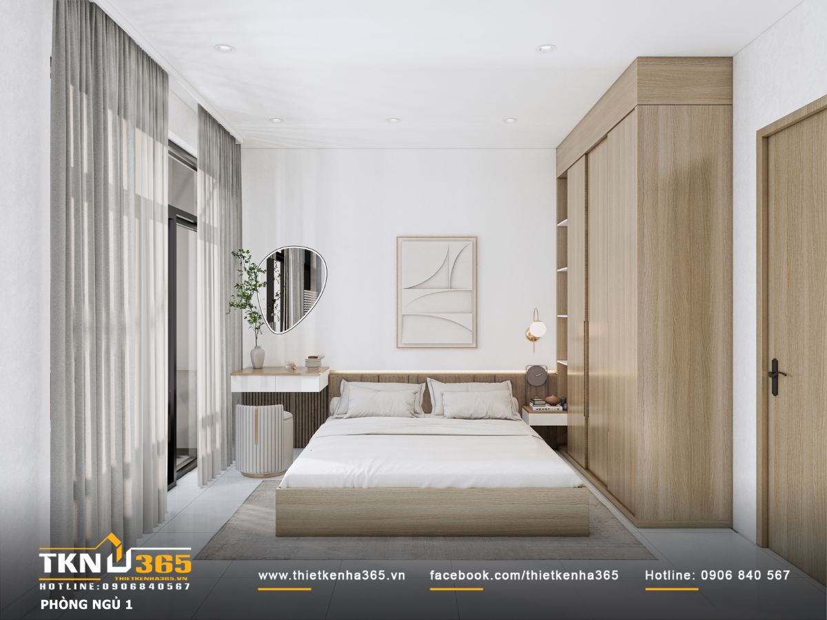 Phòng ngủ master tối giản với giường thấp, bảng màu be - trắng và tủ quần áo kịch trần thiết kế gọn gàng