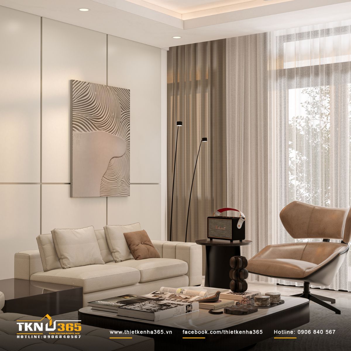 Ghế bành da nâu dáng mềm mại cân bằng bố cục, mang lại điểm nhấn thị giác trong không gian phòng khách