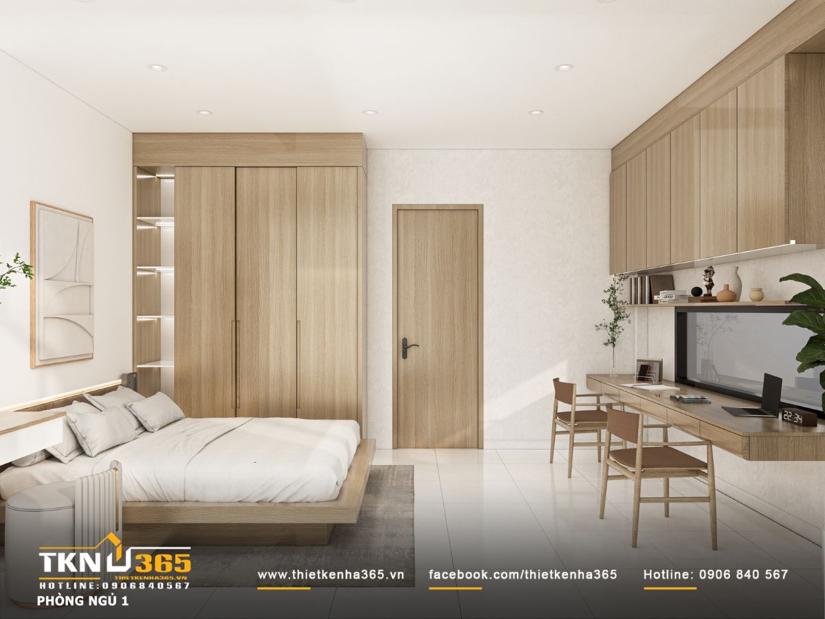 Tủ áo lớn kết hợp bàn làm việc dài giúp tối ưu công năng trong không gian riêng tư