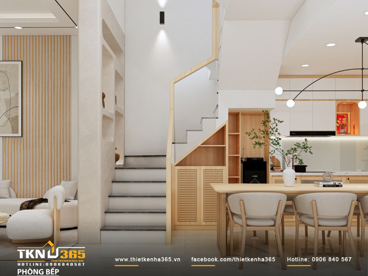 Bàn ăn gỗ liền khối kết hợp ghế nệm trung tính, điểm nhấn là đèn thả màu đen kiểu dáng độc đáo tạo cảm giác hiện đại nhưng hài hòa