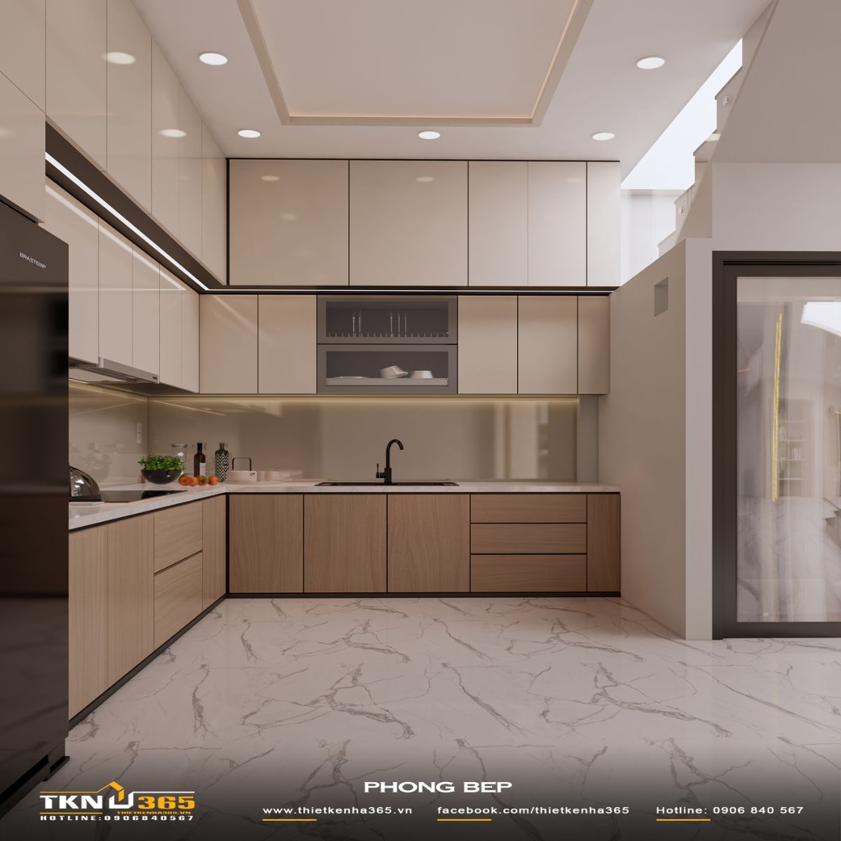 Khu bếp chữ L hoàn thiện bằng acrylic bóng gương và gỗ sồi màu sáng, đảm bảo công năng và độ sáng thoáng