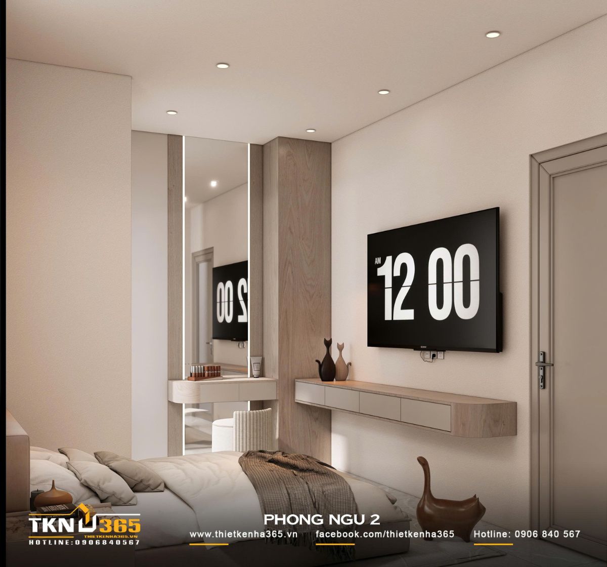 Kệ tivi treo tường giữ sàn nhà thông thoáng, tạo cảm giác rộng hơn cho phòng ngủ