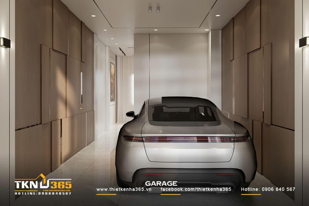 Gara sử dụng tường gỗ sáng màu và khối hình học để tạo nhịp điệu tinh tế trong không gian hẹp ngang