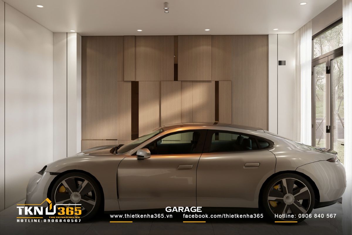 Hệ tủ âm dọc hai bên giúp tối ưu lưu trữ, giữ cho gara luôn gọn gàng và sạch sẽ