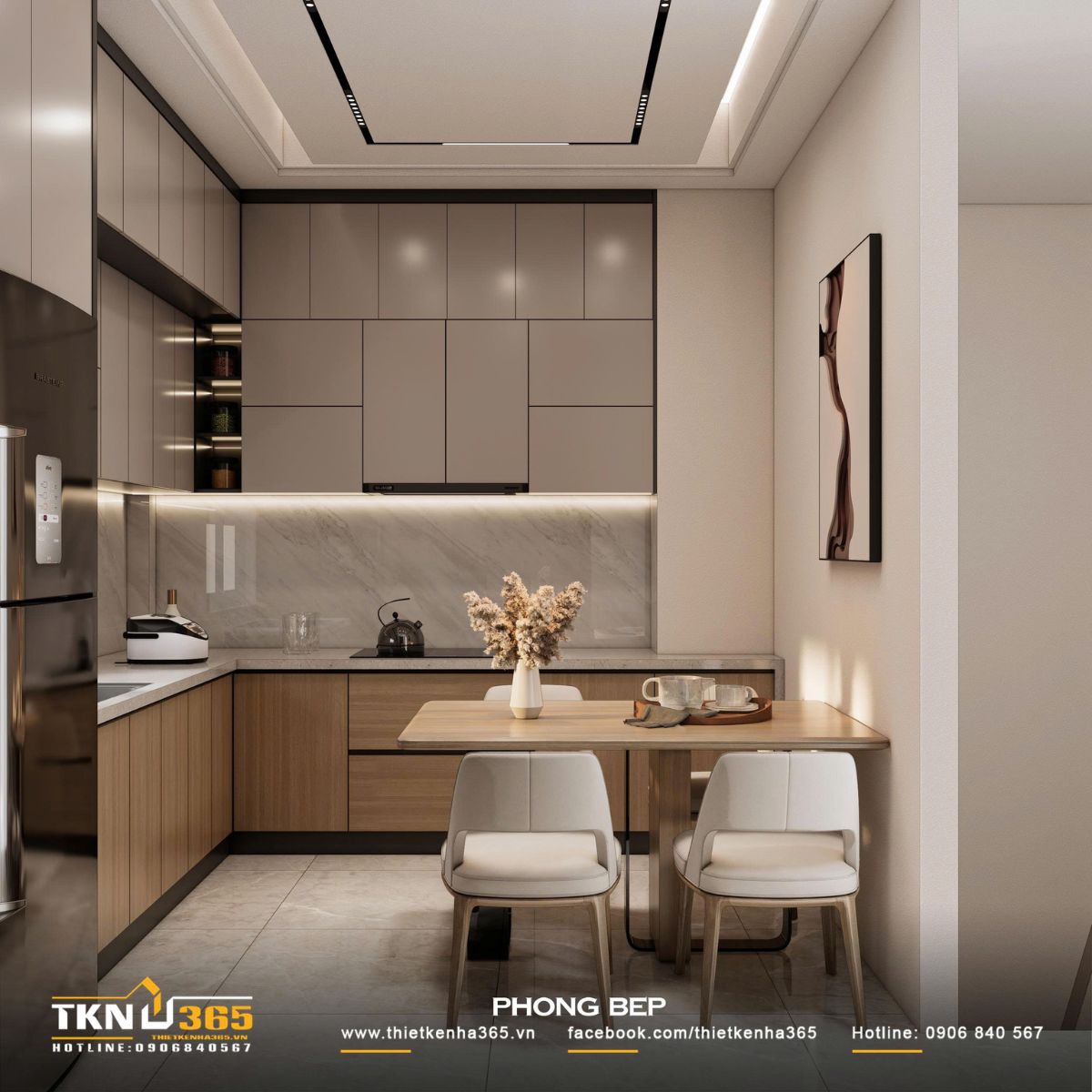 Hệ tủ bếp trên - dưới cao sát trần với cánh phẳng và tay nắm âm tối ưu lưu trữ, giữ không gian gọn gàng