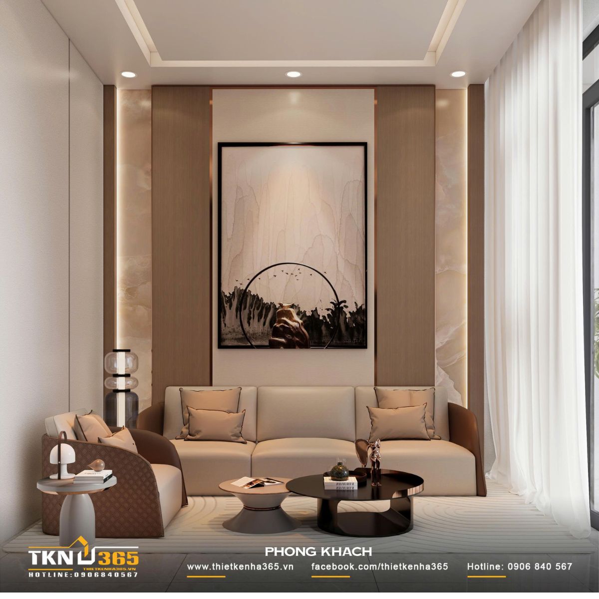 Mảng tường trang trí sau sofa với gỗ, đá sáng và đường chỉ kim loại tạo chiều sâu tinh tế cho phòng khách