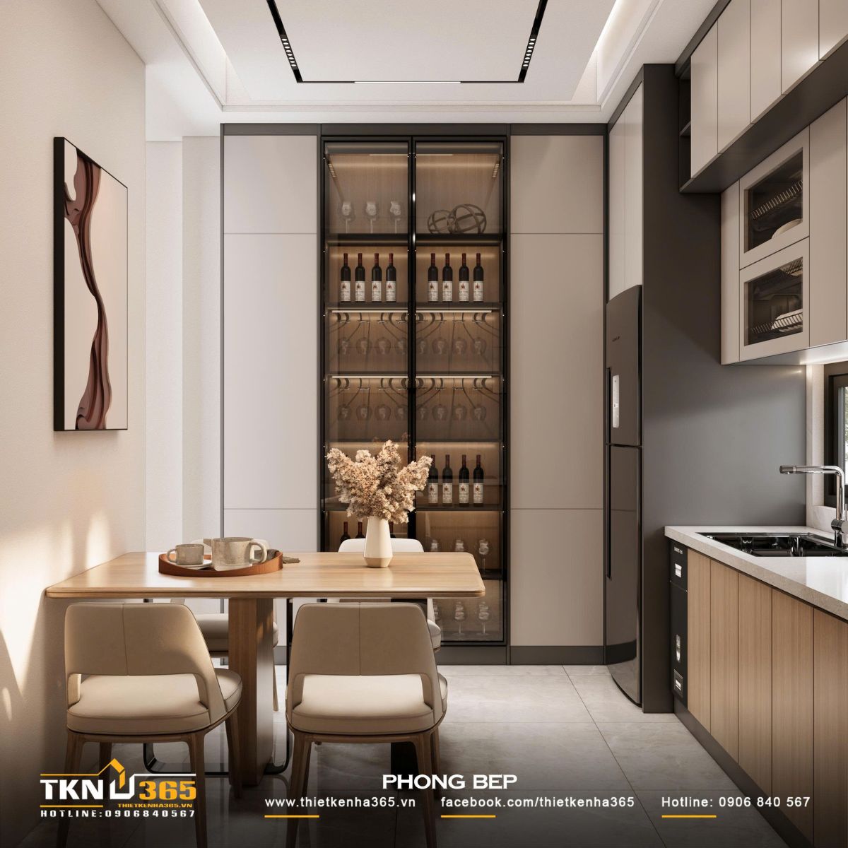 Bàn ăn bằng gỗ sáng màu kết hợp ghế bọc nệm mang đến bầu không khí ấm cúng và thoải mái cho gia đình