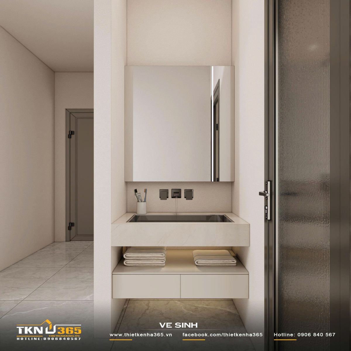 Khu vực lavabo treo tường tối giản, ngăn kệ mở bố trí gọn gàng giúp tối ưu lưu trữ cho phòng tắm nhỏ