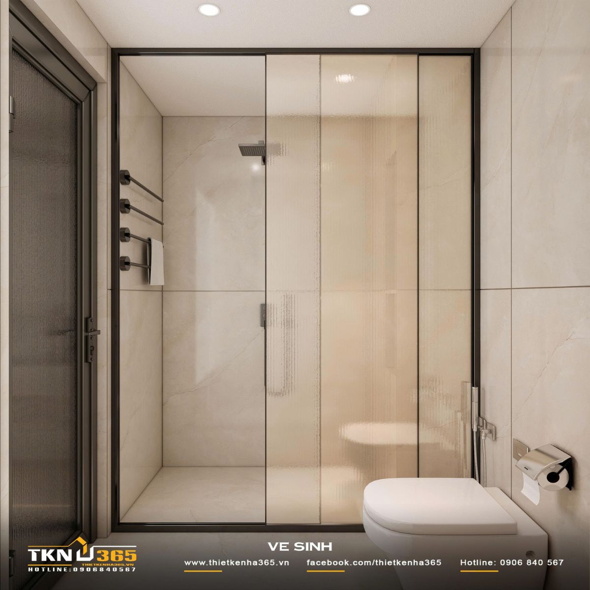 Khu vực tắm đứng ngăn bằng kính mờ sọc, đảm bảo riêng tư và giữ không gian thoáng sáng