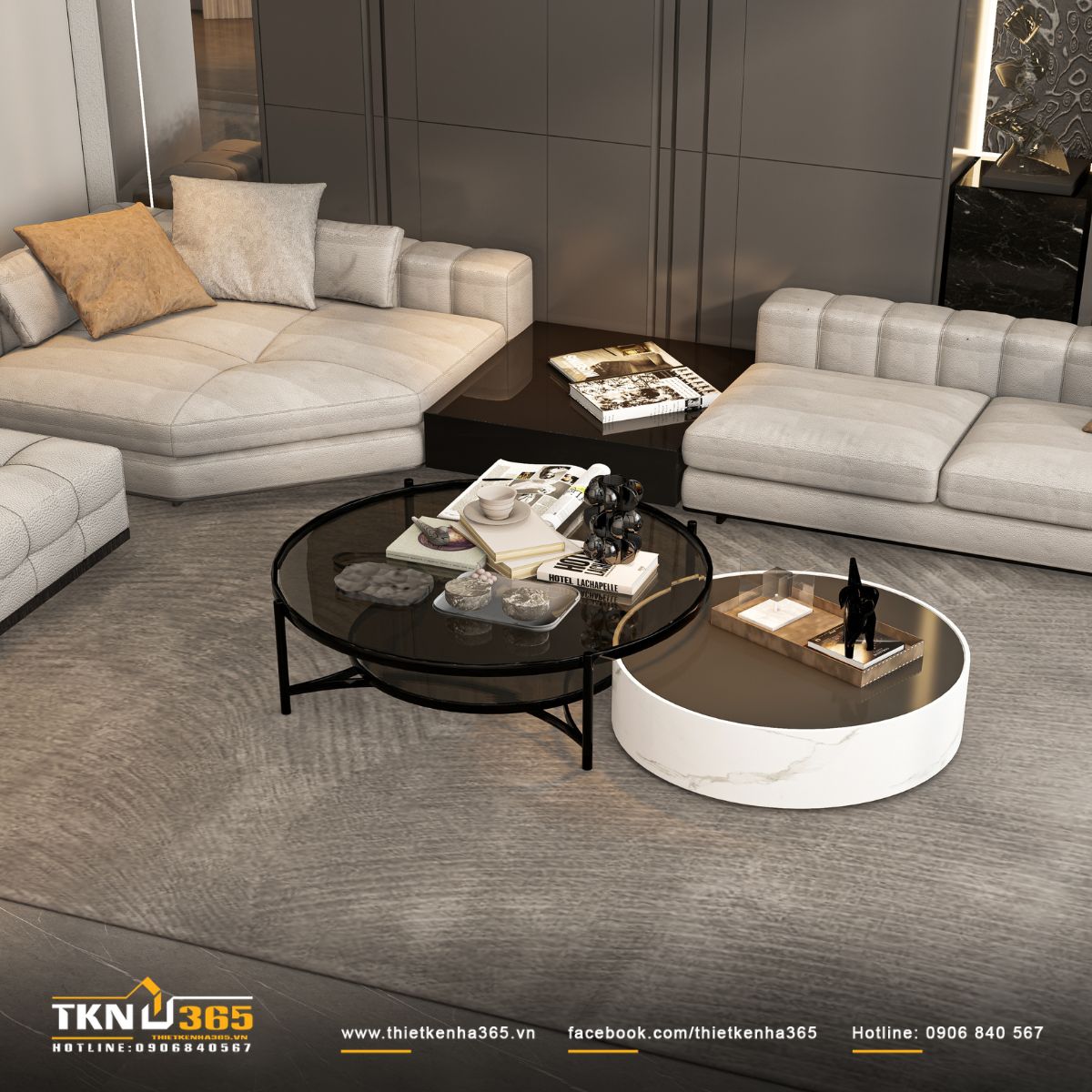 Bộ bàn trà đôi với chất liệu kính đen và đá marble, cân bằng giữa vẻ đẹp hiện đại và sự tinh tế