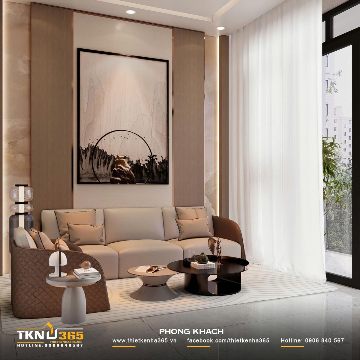 Ánh sáng tự nhiên len lỏi qua lớp rèm trắng mỏng, giúp không gian tiếp khách luôn trong trẻo và dễ chịu