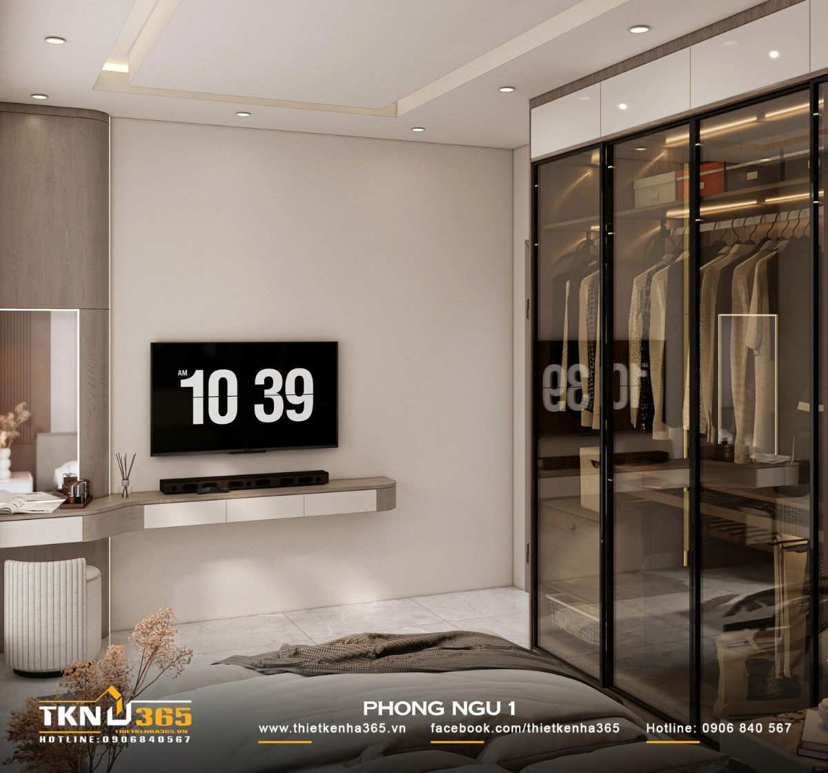 Bàn trang điểm liền khối với hệ tủ giúp đường nét mạch lạc, không gian kết nối tốt hơn