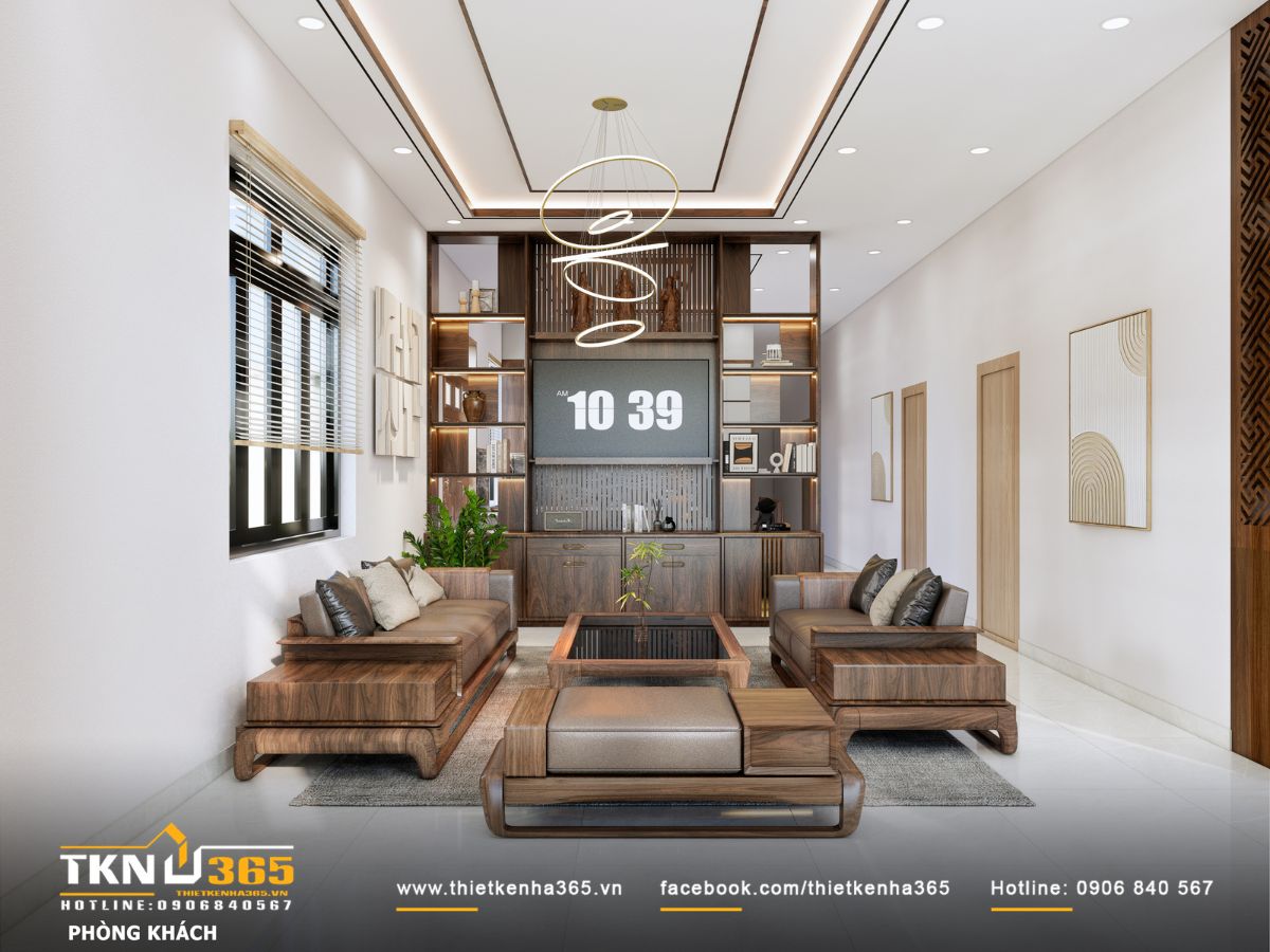 Phòng khách T’S House bố trí bộ sofa gỗ nguyên khối bo cong mềm mại, kết hợp hệ tủ trang trí cao kịch trần gọn gàng và sang trọng
