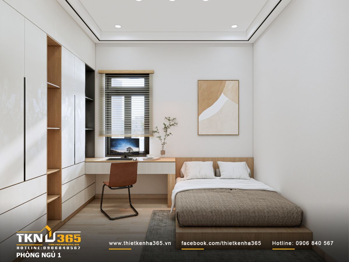 Giường gỗ hộp đơn giản, màu sắc trung tính kết hợp tranh treo tường và cây xanh giúp không gian nhẹ nhàng, dễ chịu cho mọi thành viên