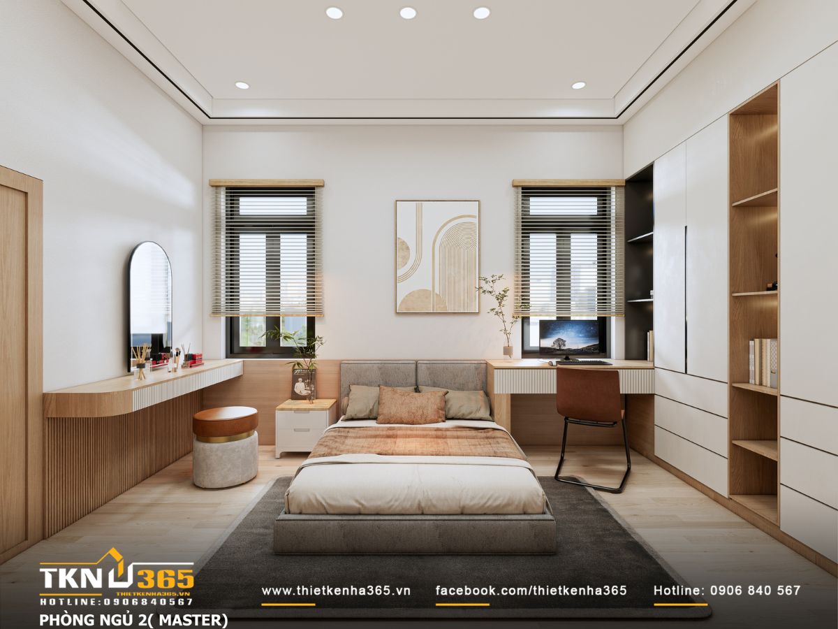 Phòng ngủ master ưu tiên bảng màu trắng - be - nâu nhẹ, giường thấp bọc nệm xám, tạo không gian an toàn, ấm và dễ chịu cho ba mẹ
