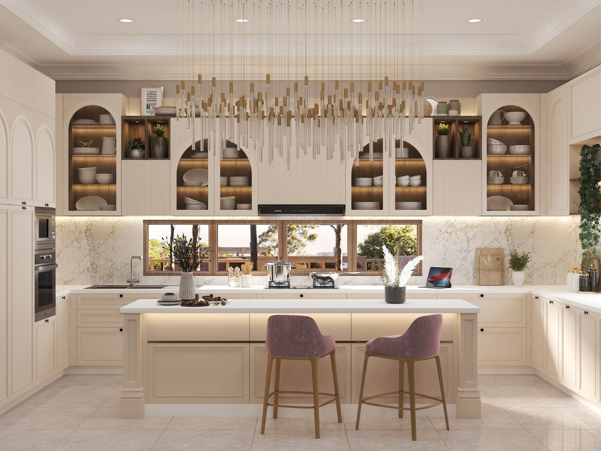 Bố cục bếp được x&aacute;c định dựa theo diện t&iacute;ch của kh&ocirc;ng gian bếp biệt thự (Ảnh: Sưu tầm)