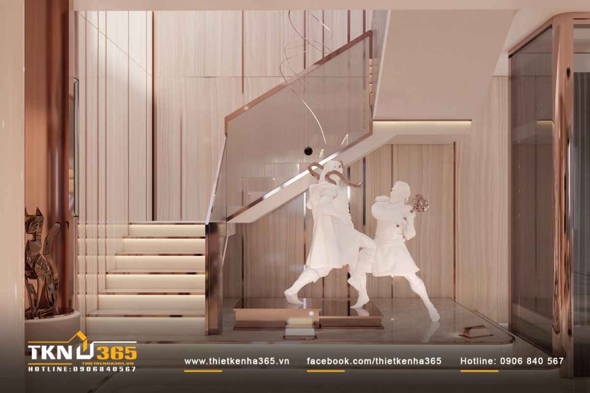 Cầu thang đặt như điểm nhấn đi&ecirc;u khắc, kết hợp &aacute;nh s&aacute;ng v&agrave; bề mặt vật liệu tinh tế