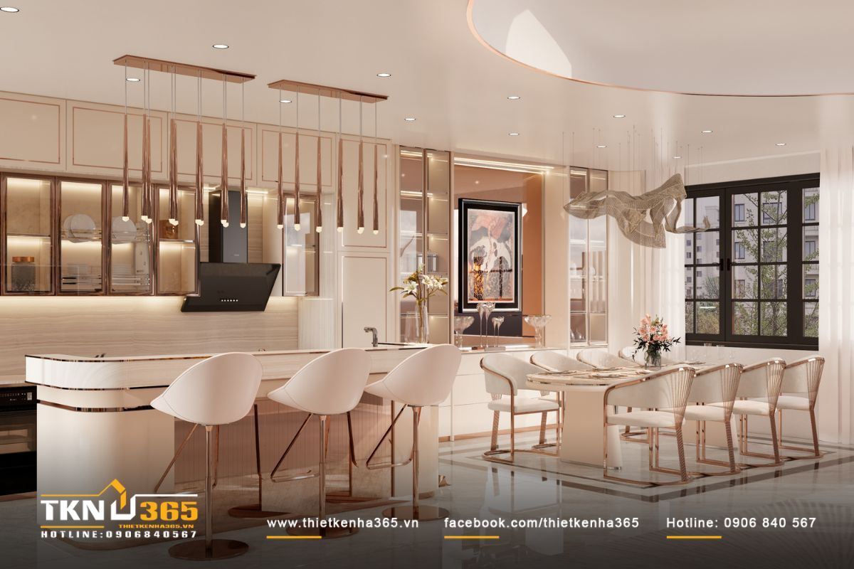 Tổng thể bếp v&agrave; ph&ograve;ng ăn giữ vẻ sang trọng ổn định nhờ tỷ lệ v&agrave; chi tiết vừa đủ
