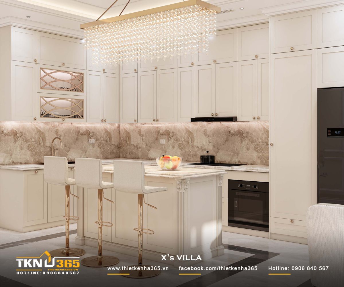 Hệ tủ bếp kịch trần xử l&yacute; phẳng, gi&uacute;p kh&ocirc;ng gian liền mạch v&agrave; tăng khả năng lưu trữ