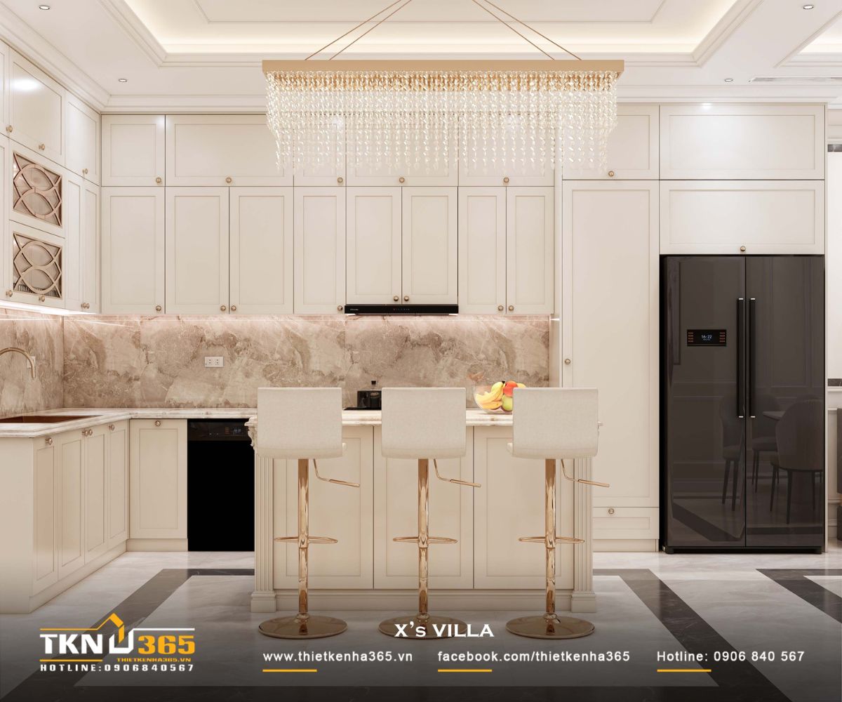 Mặt đ&aacute; ốp bếp v&agrave; đảo bếp sử dụng v&acirc;n tự nhi&ecirc;n, tạo chiều s&acirc;u v&agrave; cảm gi&aacute;c sạch sẽ, dễ bảo tr&igrave;