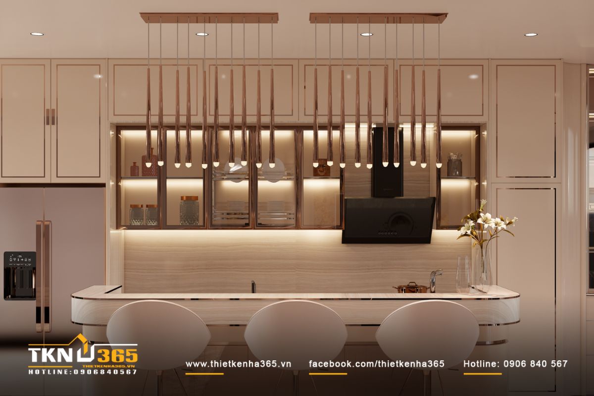 Hệ tủ bếp phẳng, viền chỉ mảnh giữ tinh thần t&acirc;n cổ điển gọn g&agrave;ng