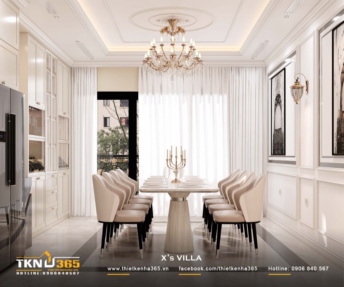 Đ&egrave;n ch&ugrave;m pha l&ecirc; treo tr&ecirc;n b&agrave;n ăn tạo điểm nhấn &aacute;nh s&aacute;ng, giữ sự sang trọng nhưng kh&ocirc;ng g&acirc;y nặng nề