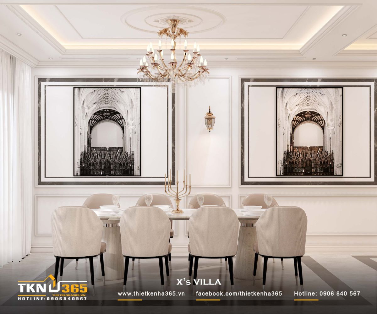 &Aacute;nh s&aacute;ng nh&acirc;n tạo được chia lớp hợp l&yacute;, giữ bầu kh&ocirc;ng kh&iacute; ấm c&uacute;ng cho bữa ăn gia đ&igrave;nh v&agrave; đảm bảo sự sang trọng đặc trưng của nội thất t&acirc;n cổ điển