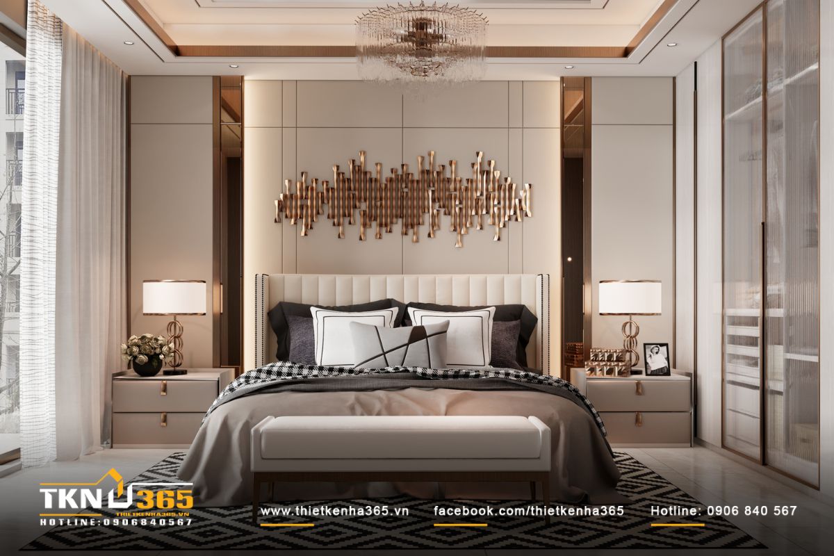 Phòng ngủ master sử dụng giường bọc nệm đầu giường cao, bo mềm tạo cảm giác êm ái