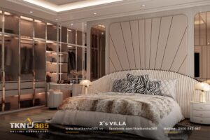 Mảng ốp sau giường xử l&yacute; nan đứng kết hợp đường cong, giữ nhịp điệu nhẹ nh&agrave;ng v&agrave; giảm cảm gi&aacute;c nặng nề