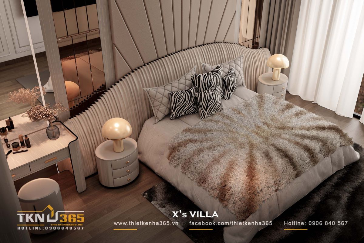 Đ&egrave;n b&agrave;n &aacute;nh s&aacute;ng dịu bố tr&iacute; c&acirc;n xứng hai b&ecirc;n giường, tạo bầu kh&ocirc;ng kh&iacute; nghỉ ngơi ấm &aacute;p