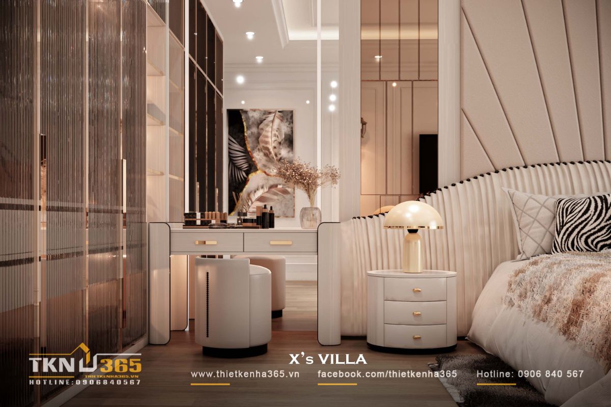 Giường ngủ bố tr&iacute; liền mạch b&agrave;n trang điểm v&agrave; tủ quần &aacute;o, tạo d&ograve;ng chuyển động gọn g&agrave;ng trong kh&ocirc;ng gian ri&ecirc;ng tư