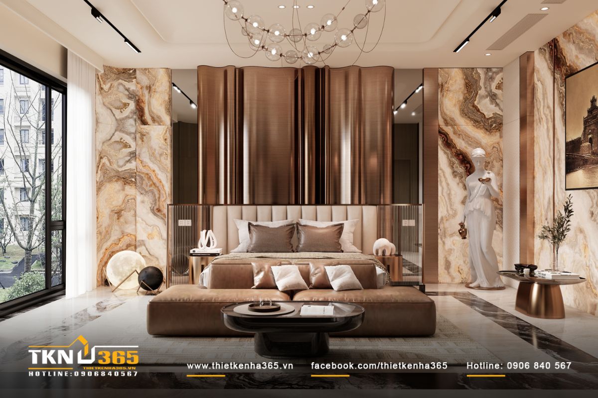 Đ&egrave;n ngủ v&agrave; đồ decor thi&ecirc;n về h&igrave;nh khối tr&ograve;n, bề mặt &aacute;nh kim nhẹ nh&agrave;ng