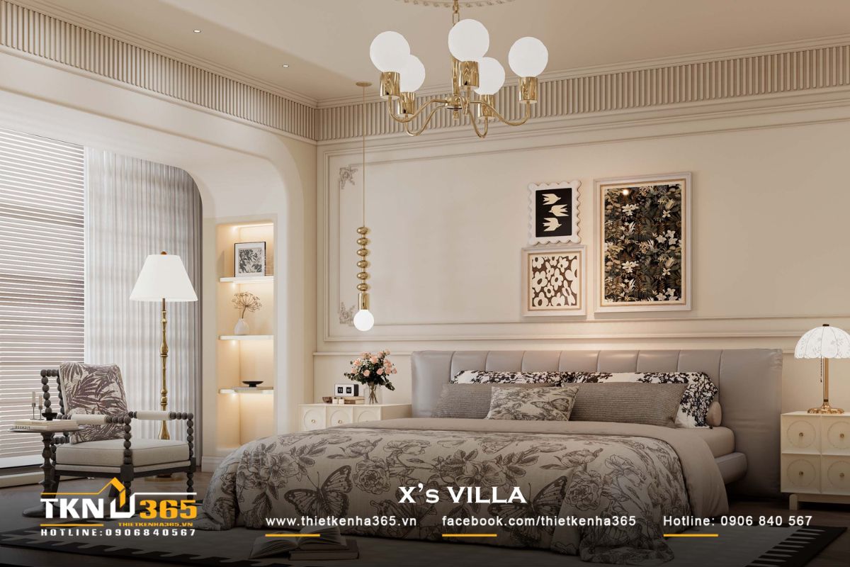 Ph&ograve;ng ngủ sử dụng bảng m&agrave;u kem - be dịu nhẹ, giường bọc nệm đầu giường cao v&agrave; hệ đ&egrave;n trang tr&iacute; &aacute;nh s&aacute;ng ấm, tạo cảm gi&aacute;c ri&ecirc;ng tư v&agrave; dễ chịu