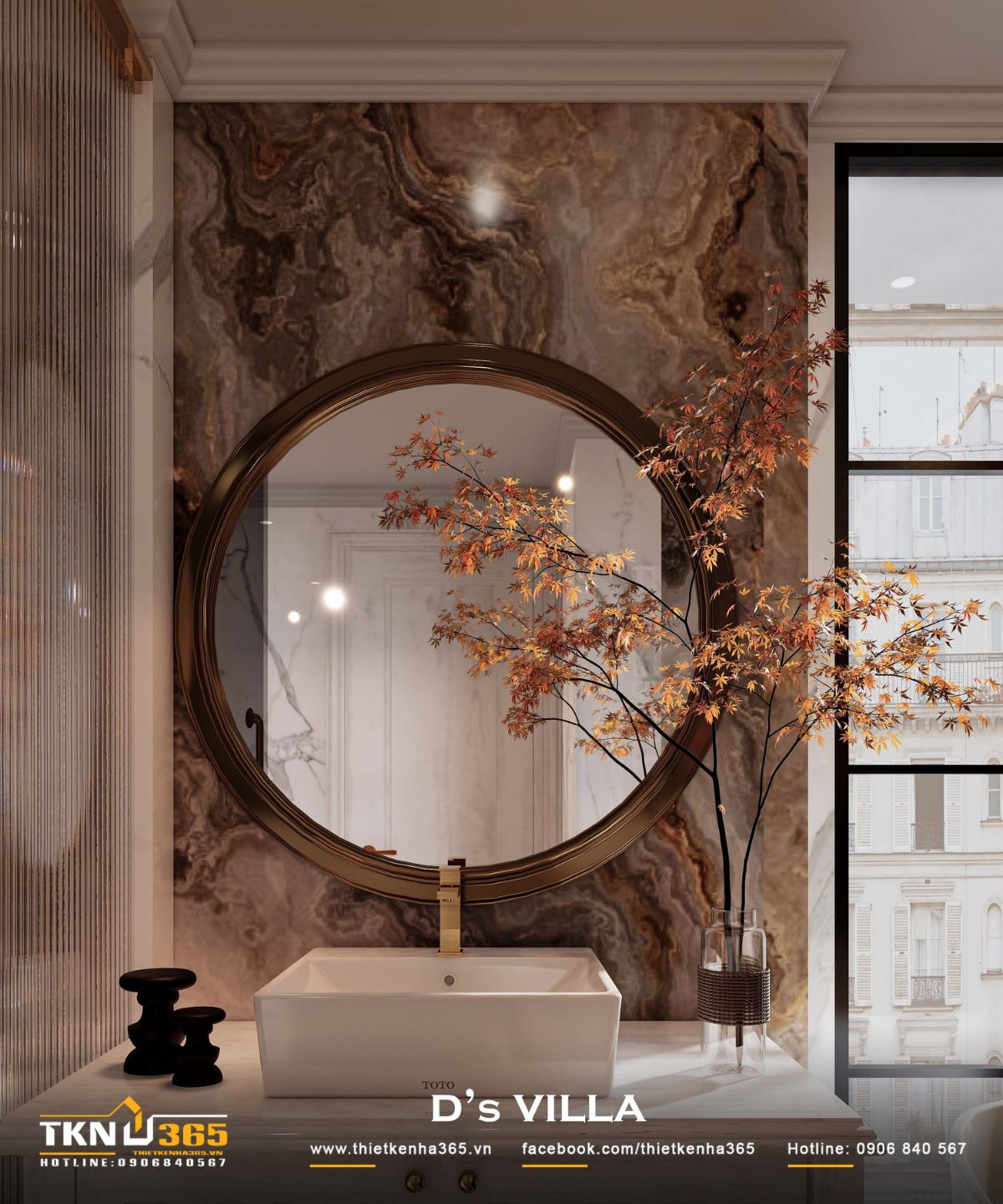 Khu vực lavabo bố tr&iacute; gọn g&agrave;ng với b&agrave;n đ&aacute;, gương tr&ograve;n viền kim loại v&agrave; đ&egrave;n chiếu điểm